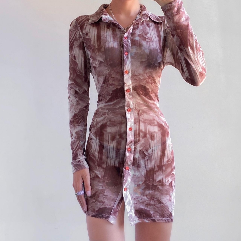Urban Outfitters Printed Mesh Button-Front Shirt Dress: Size M